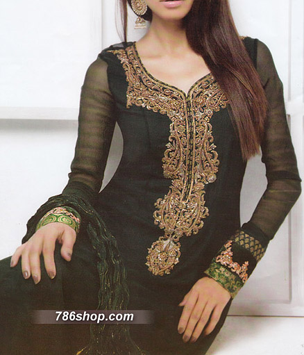  Bottle Green Chiffon Suit  | Pakistani Party Wear Dresses- Image 1