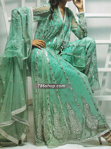  Sea Green Chiffon Suit | Pakistani Party Wear Dresses- Image 1