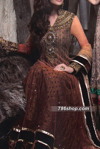  Brown Chiffon Suit  | Pakistani Party Wear Dresses- Image 1