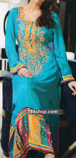  Turquoise Chiffon Suit | Pakistani Party Wear Dresses- Image 1