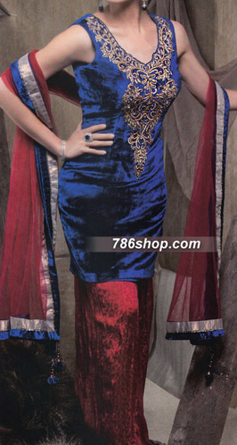 Blue/Red Velvet Suit | Pakistani Party Wear Dresses- Image 1
