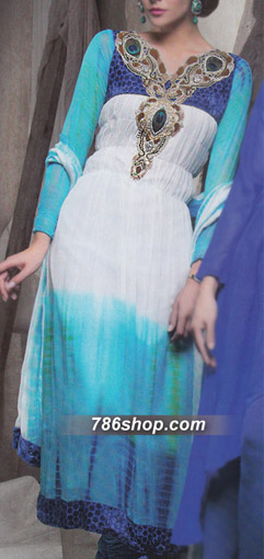  White/Turquoise Chiffon Suit | Pakistani Party Wear Dresses- Image 1