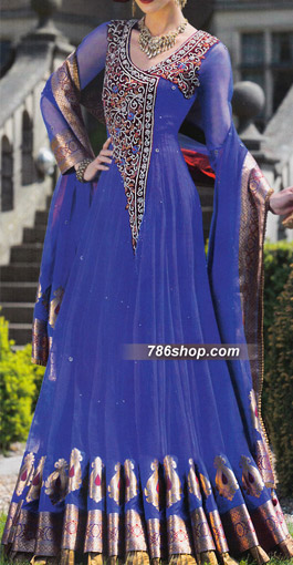  Royal Blue Chiffon Suit | Pakistani Party Wear Dresses USA- Image 1