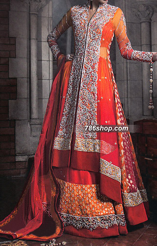 Orange/Red Jamawar Chiffon Lehnga | Pakistani Party Wear Dresses