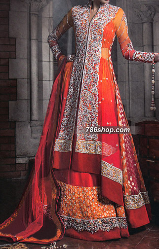  Orange/Red Jamawar Chiffon Lehnga | Pakistani Party Wear Dresses USA- Image 1