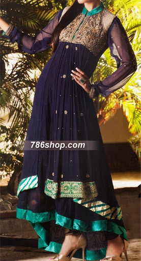  Navy Blue Chiffon Suit | Pakistani Party Wear Dresses- Image 1