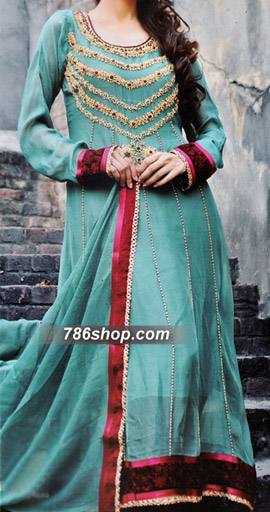  Sea Green Chiffon Suit | Pakistani Party Wear Dresses USA- Image 1