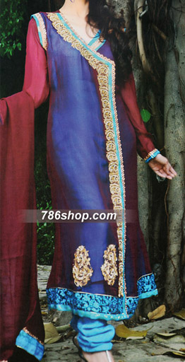  Blue/Red Chiffon Suit | Pakistani Party Wear Dresses USA- Image 1