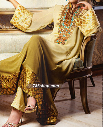  Golden Chiffon Suit | Pakistani Party Wear Dresses- Image 1