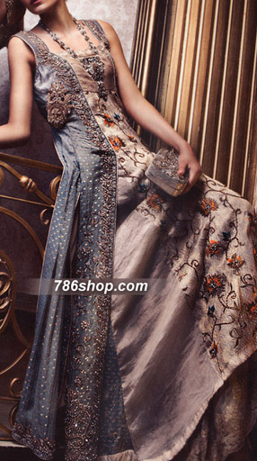  Grey/Beige Chiffon Suit | Pakistani Party Wear Dresses USA- Image 1