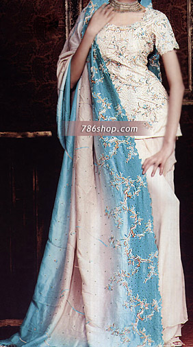  Off-White Silk Lehnga | Pakistani Party Wear Dresses- Image 1