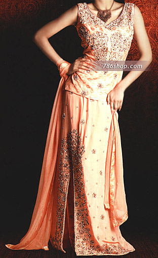  Peach Jamawar Lehnga | Pakistani Party Wear Dresses USA- Image 1