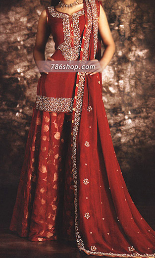  Deep Red Chiffon/Jamawar Lehnga | Pakistani Party Wear Dresses- Image 1