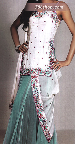  White/Turquoise Chiffon Lehnga | Pakistani Party Wear Dresses- Image 1