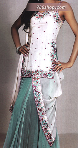  White/Turquoise Chiffon Lehnga | Pakistani Party Wear Dresses USA- Image 1