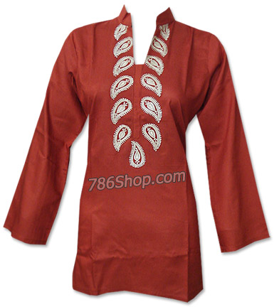  Rust Linen Kurti | Pakistani Dresses in USA- Image 1