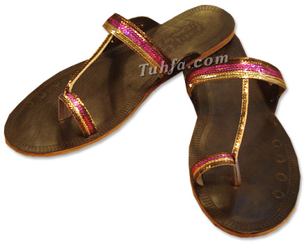  Ladies Slip-on Khussa- Golden/Shocking Pink  | Pakistani Dresses in USA- Image 1