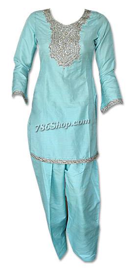  Light Turquoise Silk Suit | Pakistani Dresses in USA- Image 1