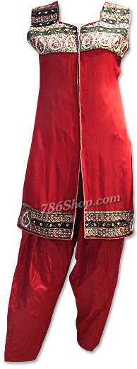  Red Crinkle Chiffon Suit | Pakistani Dresses in USA- Image 1