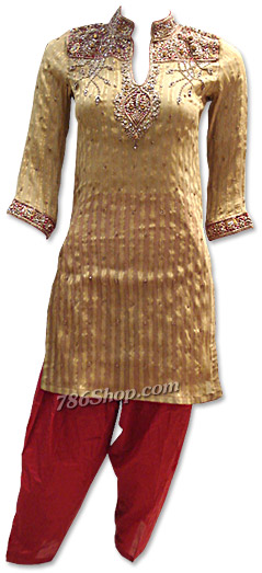  Golden/Red Karandi Chiffon Suit | Pakistani Dresses in USA- Image 1