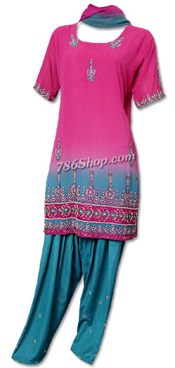  Magenta/Turquoise Chiffon Suit | Pakistani Dresses in USA- Image 1