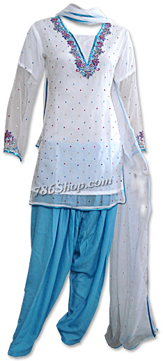  Off-white/Turquoise Chiffon Suit | Pakistani Dresses in USA- Image 1
