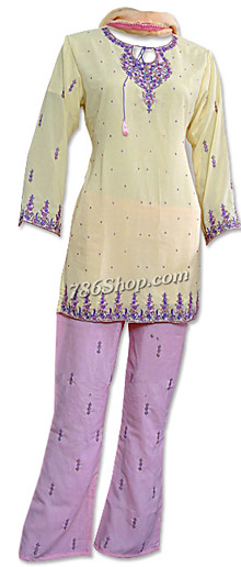  Cream/Pink Georgette Trouser Suit | Pakistani Dresses in USA- Image 1