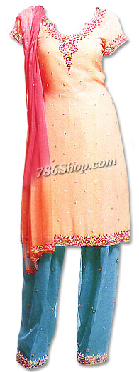  Peach/Turquoise Chiffon Suit  | Pakistani Dresses in USA- Image 1