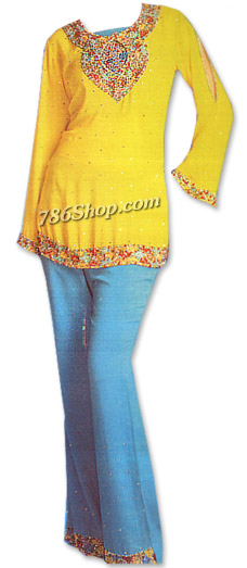  Yellow/Turquoise Chiffon Trouser Suit | Pakistani Dresses in USA- Image 1