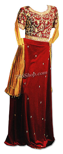  Maroon Pure Katan Lehnga | Pakistani Wedding Dresses USA- Image 1