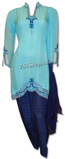  Light Blue/Navy Blue Chiffon Suit | Pakistani Dresses in USA- Image 1