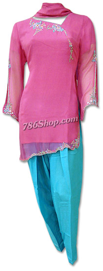  Hot Pink/Turquoise Chiffon Suit | Pakistani Dresses in USA- Image 1