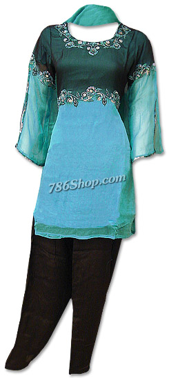  Turquoise/navy Blue Chiffon Suit | Pakistani Dresses in USA- Image 1