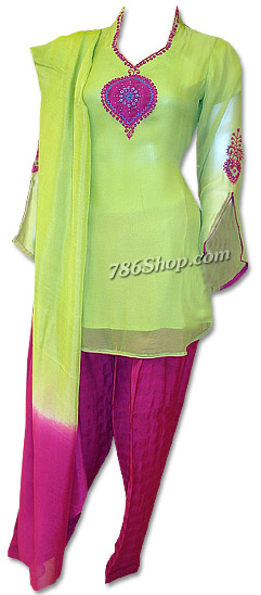  Parrot Green/Magenta Chiffon Suit | Pakistani Dresses in USA- Image 1