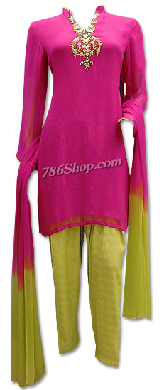  Hot Pink/Lime Green Chiffon Suit | Pakistani Dresses in USA- Image 1