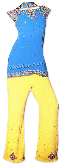  Turquoise/Yellow Georgette Trouser Suit | Pakistani Dresses in USA- Image 1