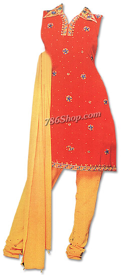  Orange/Yellow Chiffon Suit | Pakistani Dresses in USA- Image 1