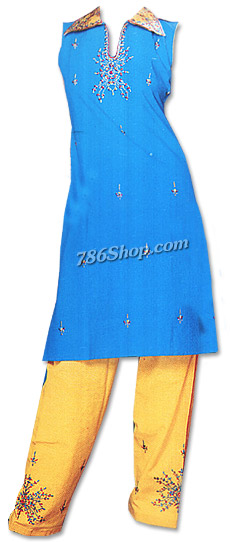  Turquoise/Yellow Georgette Suit | Pakistani Dresses in USA- Image 1
