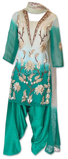  Green Crinkle Chiffon Suit | Pakistani Dresses in USA- Image 1