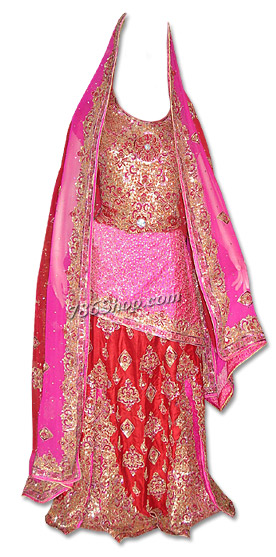  Pink/Red Pure Katan Silk Lehnga | Pakistani Wedding Dresses- Image 1