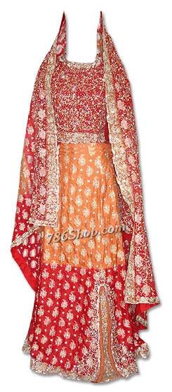  Red/Orange Pure Jamawar Silk Lehnga | Pakistani Wedding Dresses USA- Image 1