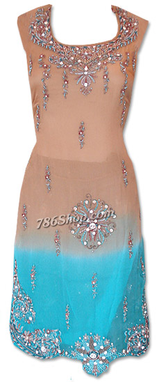  Skin/Turquoise Crinkle Chiffon Suit | Pakistani Dresses in USA- Image 1