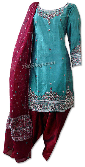 Sea Green/Maroon Silk Suit | Pakistani Dresses in USA