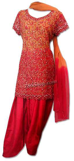  Orange/Red Crinkle Chiffon Suit | Pakistani Dresses in USA- Image 1