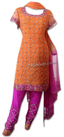 Orange/Hot Pink Crinkle Chiffon Suit | Pakistani Dresses in USA