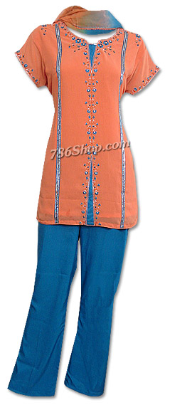  Orange/Blue Chiffon Trouser Suit | Pakistani Dresses in USA- Image 1