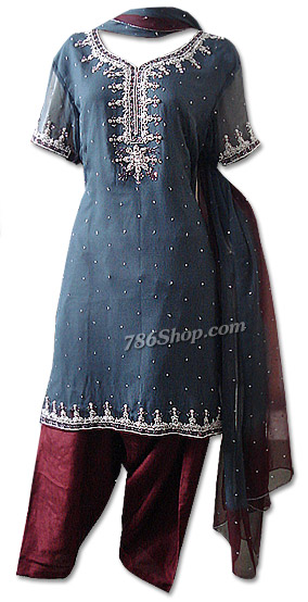  Dark Grey/Maron Crinkle Chiffon Suit | Pakistani Dresses in USA- Image 1