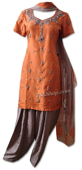  Orange/Brown Silk Suit | Pakistani Dresses in USA- Image 1