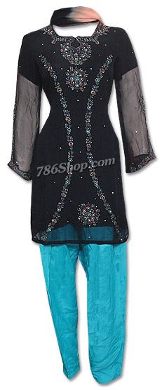  Black/Turquoise Chiffon Suit | Pakistani Dresses in USA- Image 1