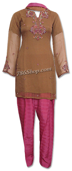  Brown/Hot Pink Chiffon Suit | Pakistani Dresses in USA- Image 1